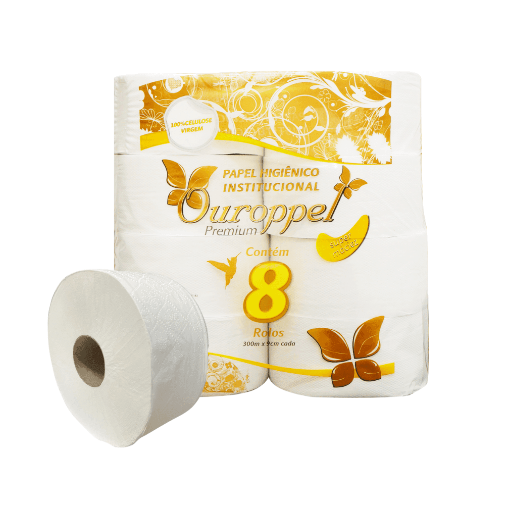 Produto Papel Higiênico Folha Simples 100% celulose 9cm Ouroppel 8 rolos de 300 metros
