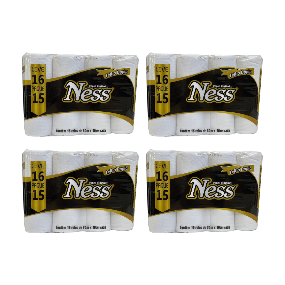Produto Papel Higiênico Folha Dupla Ness com Alça 4 pacotes com 16 rolos de 30 metros