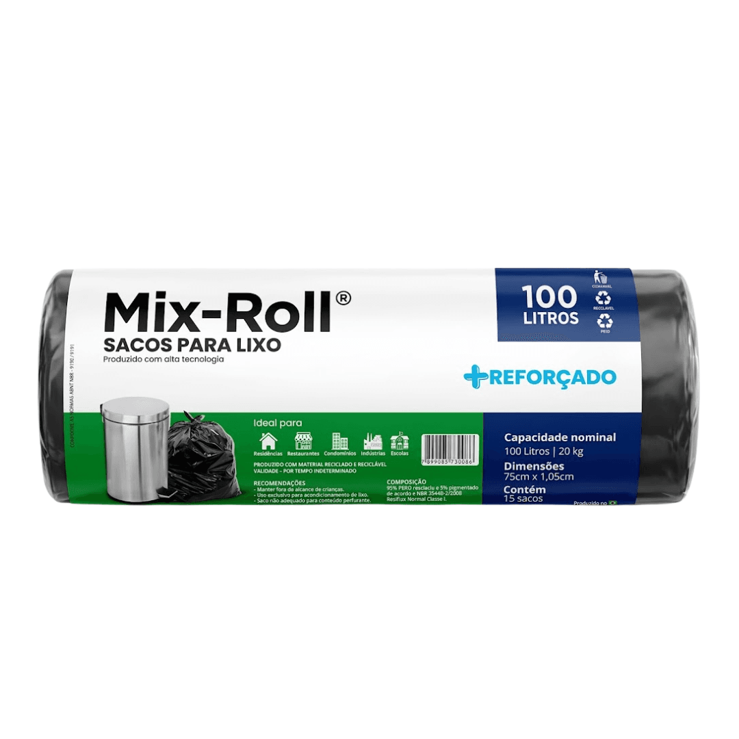 Produto Saco para Lixo 100L Preto c/15 Mix-Roll