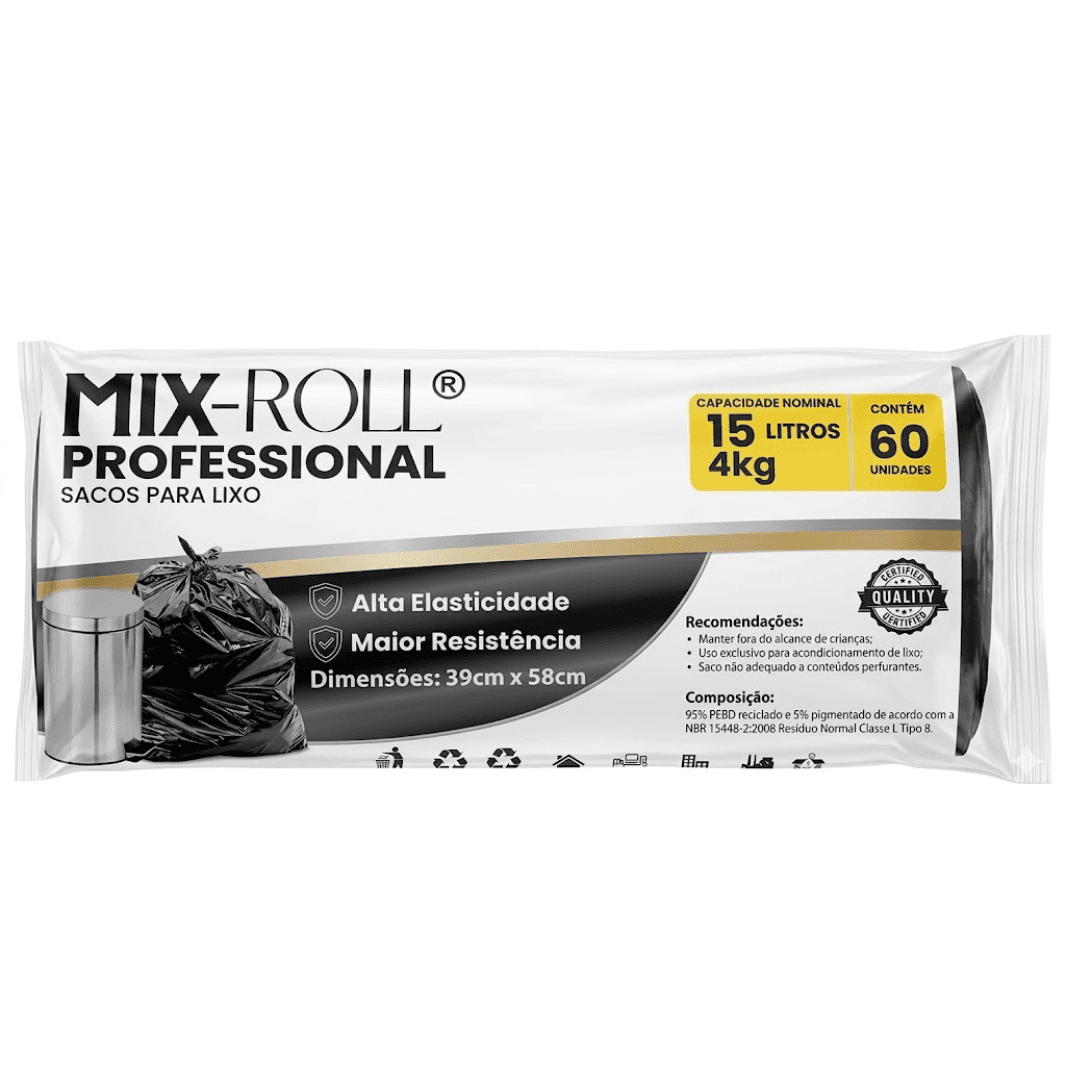 Produto Saco para Lixo 15L Preto c/60 Mix-Roll